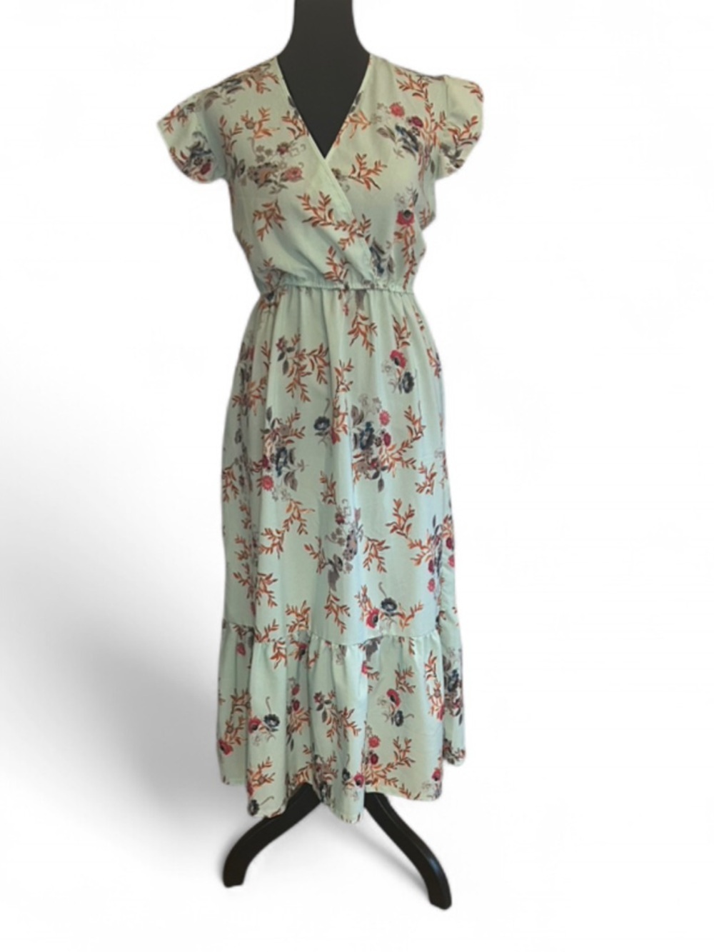 Light Blue Floral Pattern, Ruffle Maxi Dress, Flutter Short Sleeve, L/XL